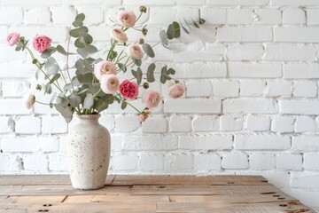 Pink Flowers in a Vase on Wooden Table