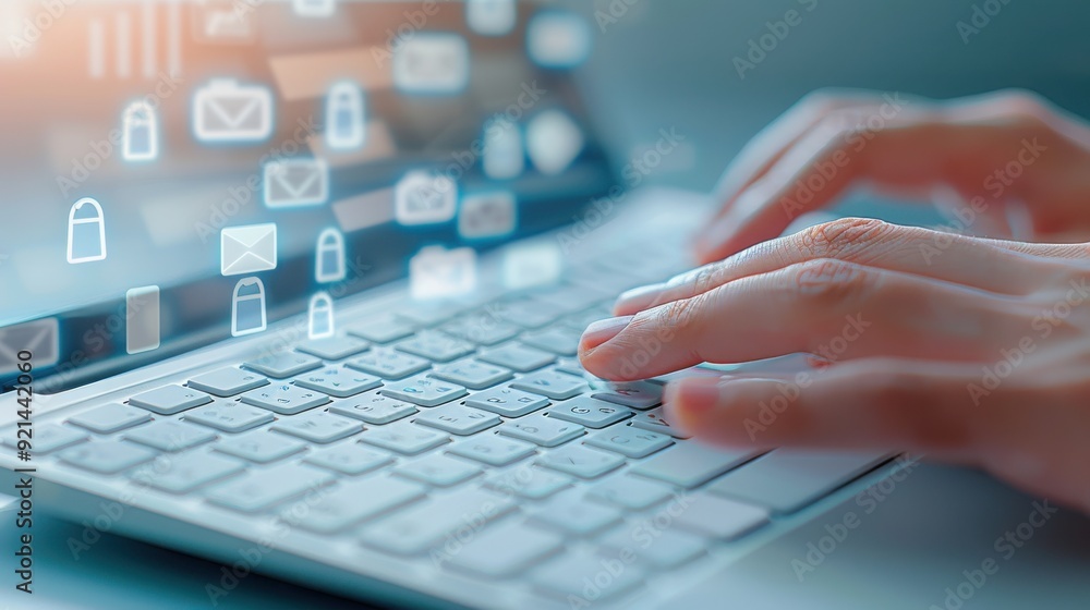 Poster focused hands typing on a laptop keyboard with digital icons representing communication and technolo