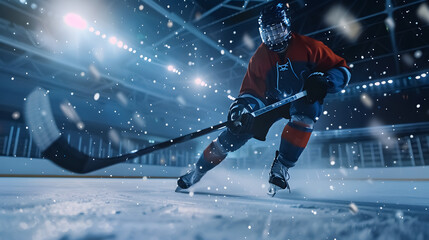 Obraz premium Ice Hockey Rink Arena: Professional Player Shooting the Puck with Hockey Stick. Focus on 3D 