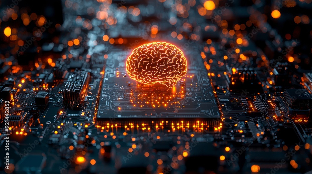 Poster a printed circuit board with a glowing brain icon, symbolizing artificial intelligence and advanced 