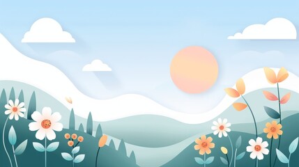 Fototapeta premium A simple meadow filled with flowers, flat design, basic shapes, 2D vector art, light and airy