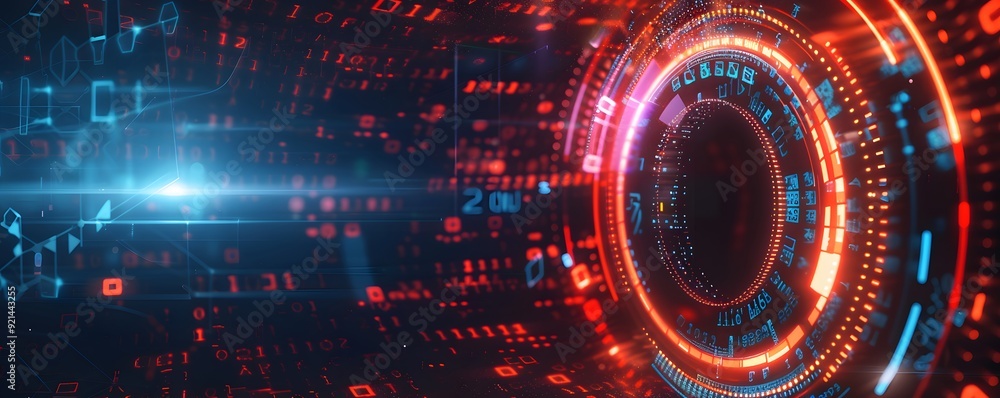 Poster abstract futuristic interface with red and blue glowing lights and digital data