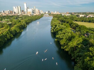 Paddleboarding on the Colorado River and downtown Austin, Texas, United States.