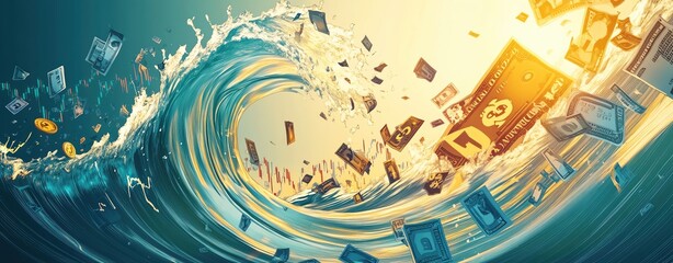 An illustration of a financial tsunami with stock market graphs and currency symbols being swept away, more clarity with clear light and sharp focus, super detailed