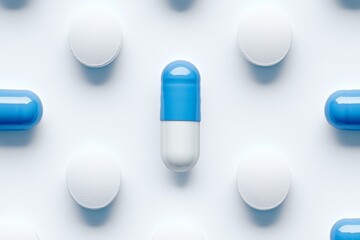 Minimalist image of white and blue pills on a pure background showcasing pharmaceutical purity and simplicity