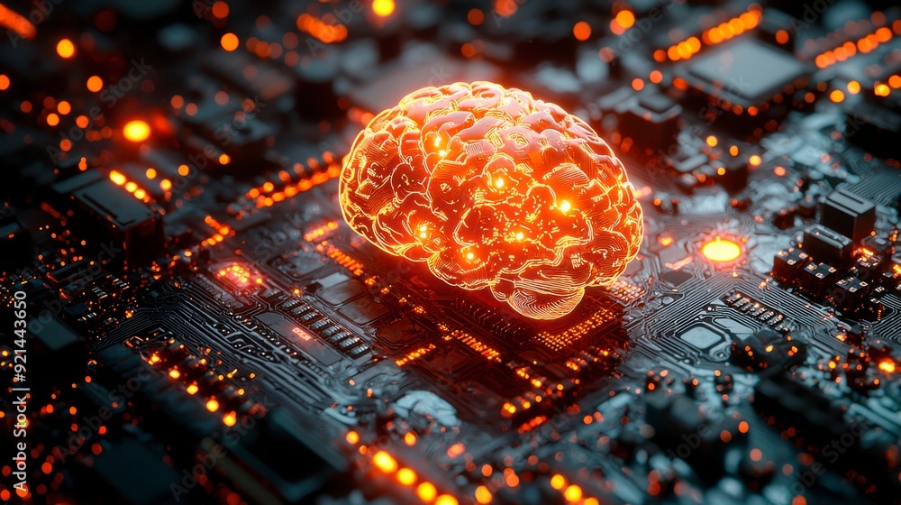 Poster a printed circuit board with a glowing brain icon, symbolizing artificial intelligence and advanced 
