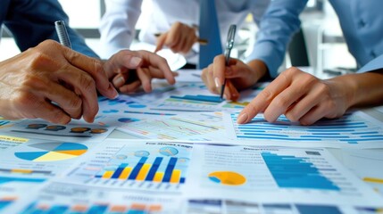 Generate a photo realistic image of a construction project team conducting a review of budget tracking, with detailed financial charts and tracking reports; ensure the image is of high resolution 