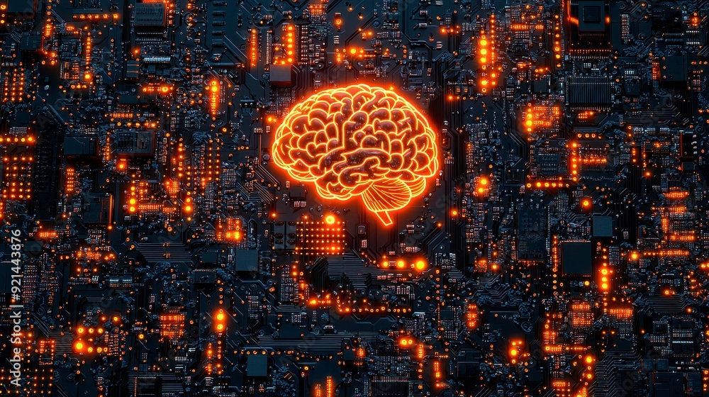 Poster a printed circuit board with a glowing brain icon, symbolizing artificial intelligence and advanced 