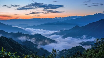 Obraz premium Landscape View Of Mountains And The Sea Of Clouds With Sunset At Eryanping Trail, Alishan National Scenic Area, Xiding, Chiayi,Taiwan