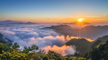Landscape View Of Mountains And The Sea Of Clouds With Sunset At Eryanping Trail, Alishan National Scenic Area, Xiding, Chiayi,Taiwan