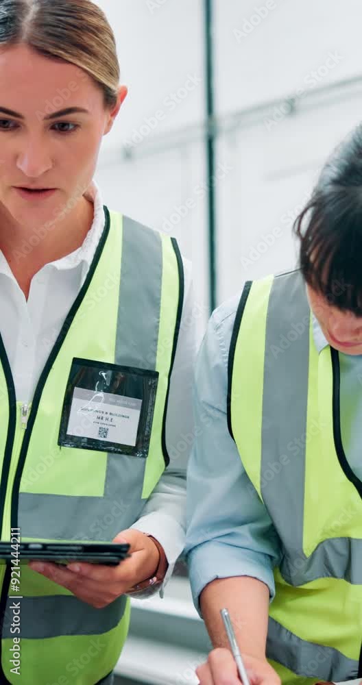 Aufkleber women, engineer and paperwork with tablet at warehouse for checklist and information. employees, doc