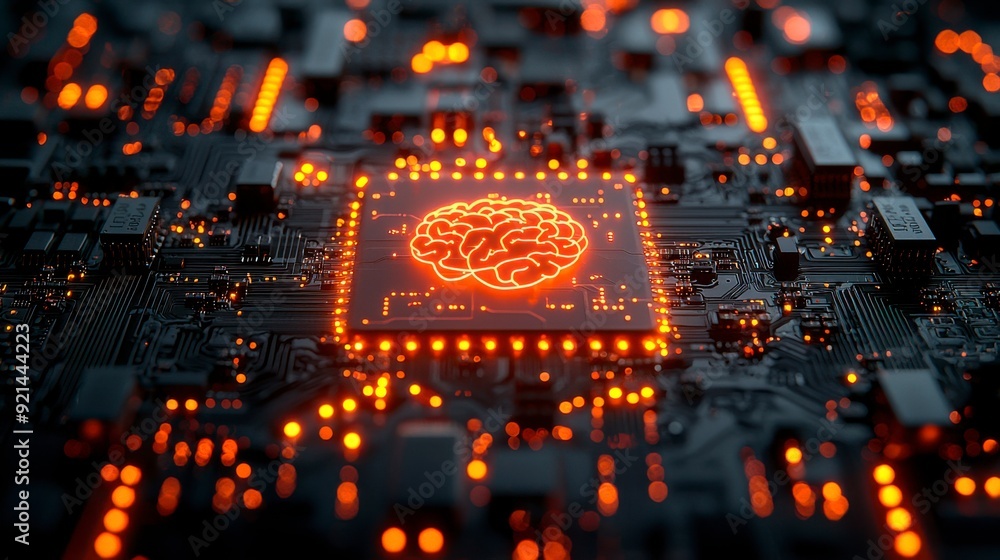 Poster a printed circuit board with a glowing brain icon, symbolizing artificial intelligence and advanced 