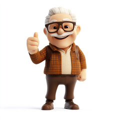 The cartoon elder man with glasses is smiling and giving a thumbs up. A 3D character on a white background