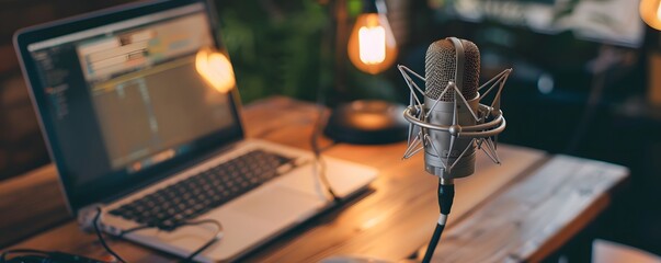 Close-up of a Microphone with a Laptop in the Background