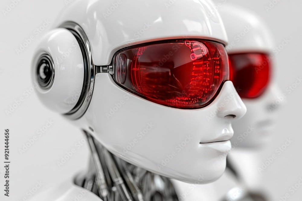 Poster high tech humanoid robot wearing futuristic red tinted visor glasses representing the intersection o