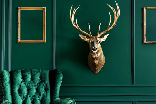 taxidermy deer head mounted on a dark emerald green wall in an opulent baroque-style living room
