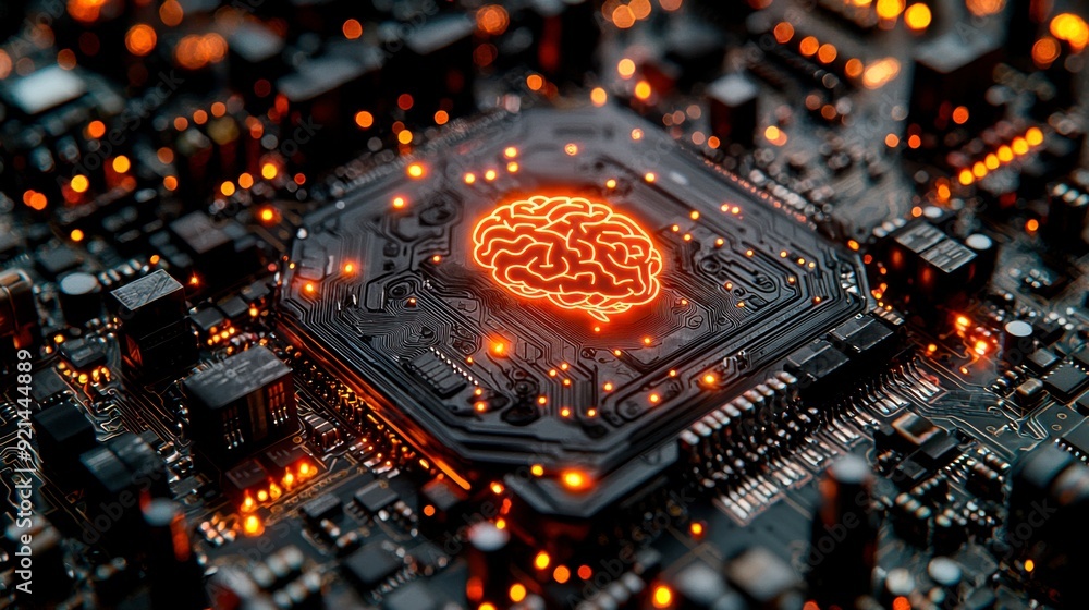 Poster a printed circuit board with a glowing brain icon, symbolizing artificial intelligence and advanced 
