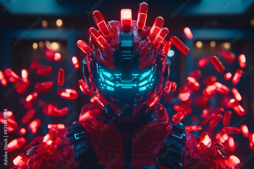 Poster futuristic robotic figure adorned with red glowing capsules symbolizing the integration of artificia