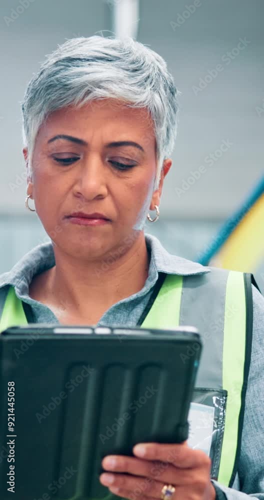 Poster mature, woman and machine with tablet in factory for design review, inspection results and complianc