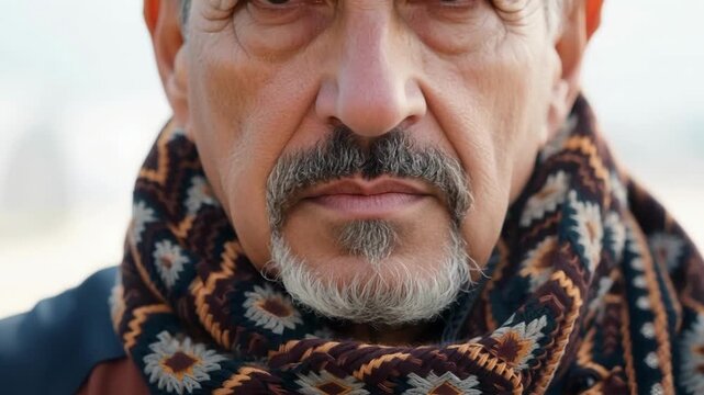 Close up of a senior man sporting a thick, neatly groomed mustache and beard, highlighting the details of facial hair in mature men