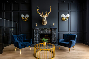 Naklejka premium taxidermy stag head mounted above a luxurious marble fireplace in a dark grey, baroque-themed living room