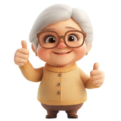 The cartoon elder woman with glasses is smiling and giving a thumbs up. A 3D character on a white background