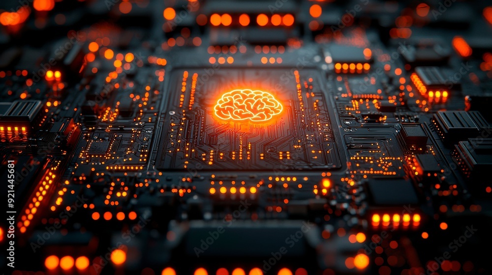 Poster a printed circuit board with a glowing brain icon, symbolizing artificial intelligence and advanced 