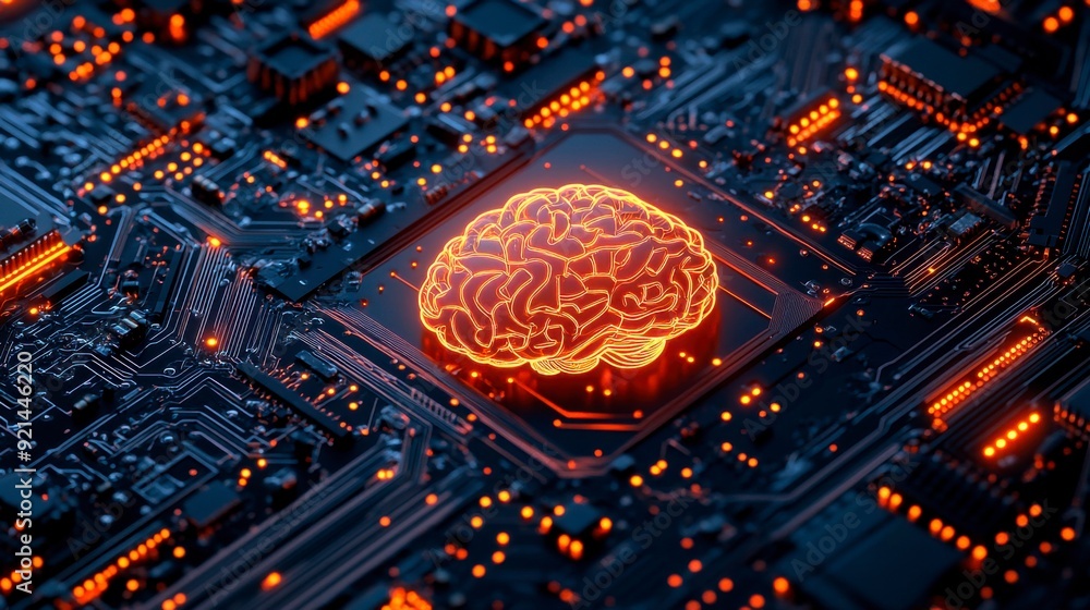 Poster a printed circuit board with a glowing brain icon, symbolizing artificial intelligence and advanced 