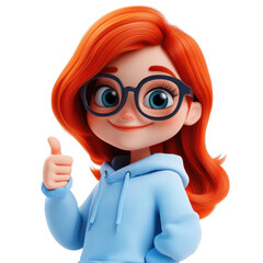 The cartoon woman with glasses is smiling and giving a thumbs up. A 3D character on a white background