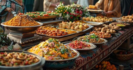 Fototapeta premium A luxurious Afghan wedding banquet with tables adorned with an array of traditional dishes