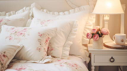 Modern cottage evening bedroom decor, interior design and home decor, bed with elegant bed linen bedding and lamp in English country house, holiday rental and cottage style interiors