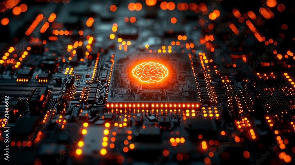 Poster a printed circuit board with a glowing brain icon, symbolizing artificial intelligence and advanced 