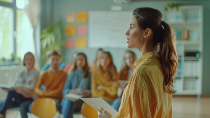 The lecturer explains the topic of the seminar to the students. Suitable for educational websites, e-learning platforms, and university marketing materials.