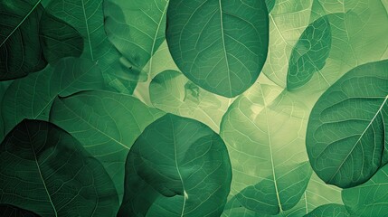 Obraz premium Lush green leaves overlap, creating a vibrant display of nature under gentle light