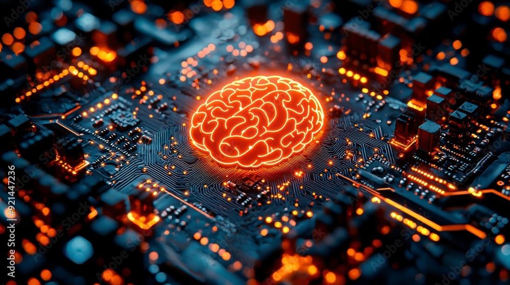 Poster a printed circuit board with a glowing brain icon, symbolizing artificial intelligence and advanced 