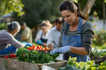 Woman serving food at an outdoor event, possibly a charity food distribution, with others in the background. For use in campaigns or content related to charity events, community gatherings, volunteer 
