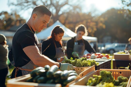 Man serving food at an outdoor event, possibly a charity food distribution, with others in the background. For use in campaigns or content related to charity events, community gatherings, volunteer 