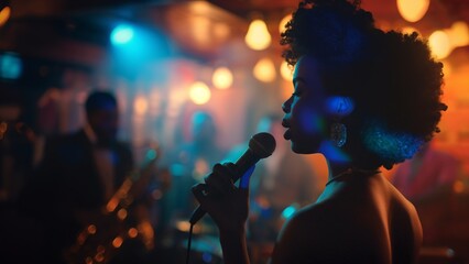 Performance of a woman with live music in a club setting with a vocalist and a band at entertainment events