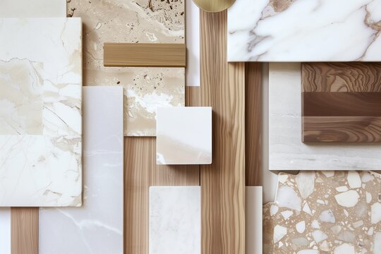 A flat lay of interior design A moodboard of different materials, wood and marble, beige tones, white square tiles, neutral colors 