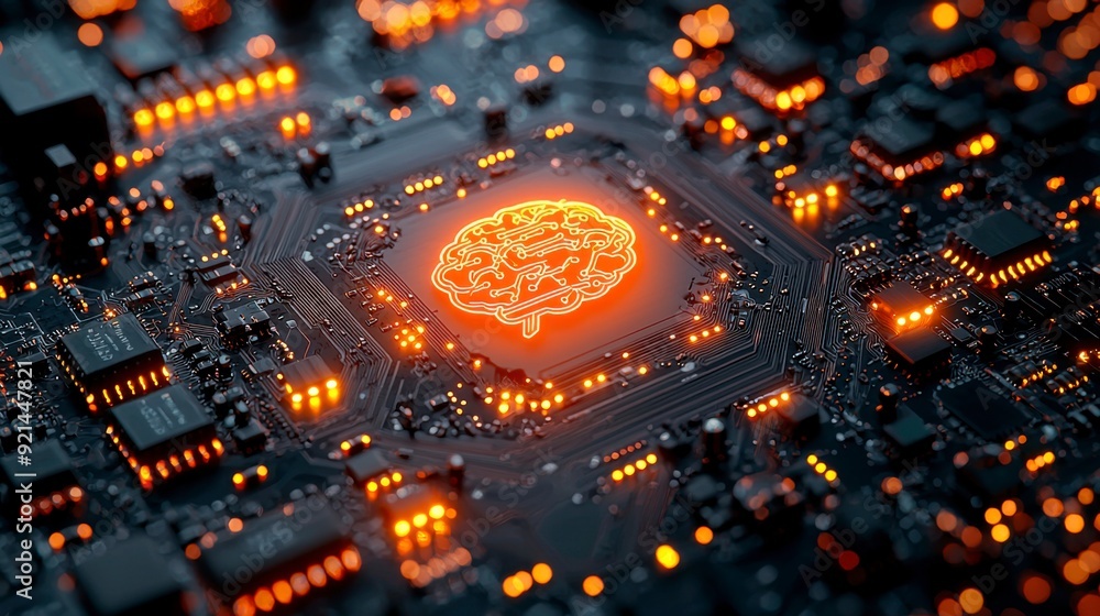 Poster a printed circuit board with a glowing brain icon, symbolizing artificial intelligence and advanced 