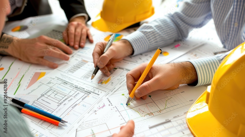 Wall mural generate a photo realistic image of a construction project team strategizing budget planning techniq
