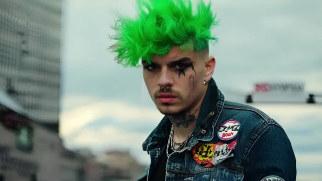 Confident man with green hair and bold makeup strikes a pose in urban setting, showcasing rebellious style with denim jacket and tattoos
