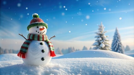 Fototapeta premium Snowman standing on a snowy hill , winter, cold, snow, frosty, hill, hat, scarf, carrot nose, branches, snowflakes, frost