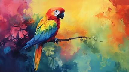 Fototapeta premium A colorful parrot perched on a branch, watercolor oil painting for a child's room, vibrant pastel tones, whimsical and lively scene