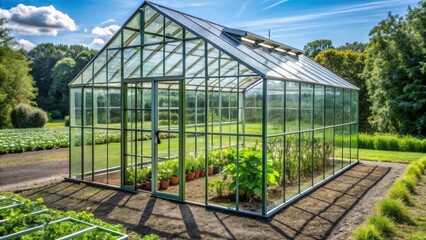 Obraz premium Glass greenhouse for growing vegetables, sustainable, agriculture, plants, produce, farming, garden, organic