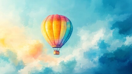 Fototapeta premium Colorful hot air balloon drifting through a serene sky, watercolor oil painting with soft pastels, ideal for a playful child's room atmosphere