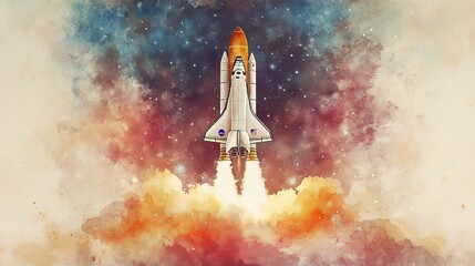 Fototapeta premium Delicate watercolor art of a pastel space landscape, featuring joyful rockets and planets, perfect for inspiring young minds in a child's room, with colorful cosmic elements