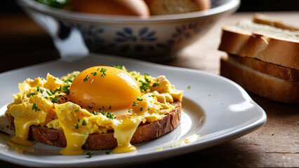 a plated breakfast dish, the scrambled eggs glisten with buttery perfection