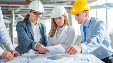 Generate a photo realistic image of a construction project team evaluating budgeting strategies, with detailed financial charts and evaluation tools; ensure the image is of high resolution for clear 