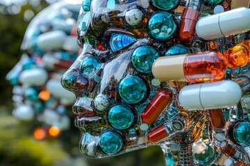 Obraz premium Futuristic humanoid robot with transparent head filled with red and white pills symbolizing the fusion of pharmaceuticals robotics and digital health in a sci fi inspired world